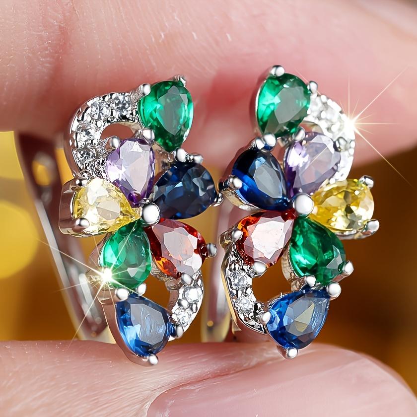 

Rainbow Crystal Zircon Stone Flower Hoop Earrings For Women Vintage Gold Color Wedding Jewelry