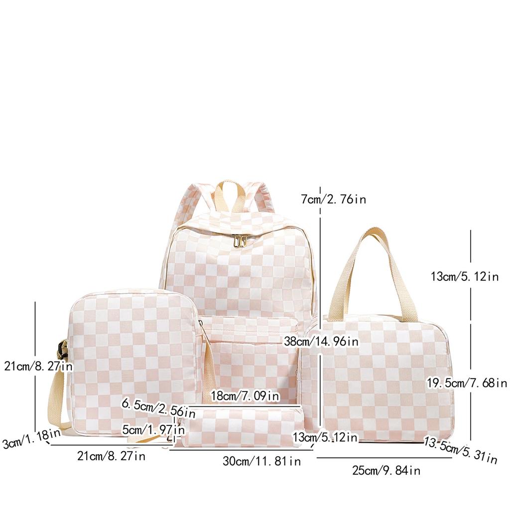 Checkerboard 4Pcs Backpack Set Crossbody&handbag&Pen Case Stitching Multi Pocket Adjustable Straps Campus Commute Bundle