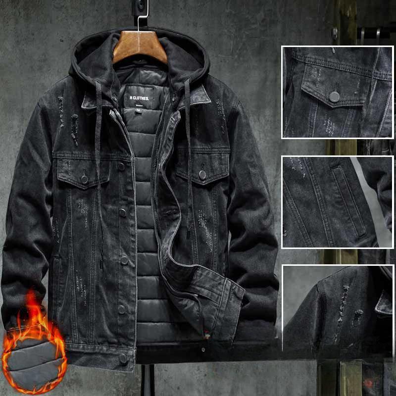 Velvet Thickened Denim Jacket Men's Cotton Removable Hooded Black Cotton Clothing Autumn and Winter Warm Jacket Trendy