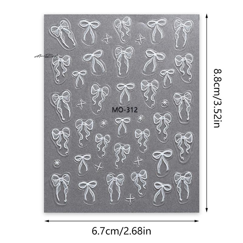 White Ribbon Bowknot 3D Embossed Relief Nail Art Decoration Stickers 1 Sheet Manicure Tool Decals for Creative Nail Design