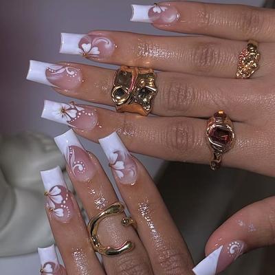 24Pcs Removable Full Cover Glossy False Nails,Simple White French Gradient Floral Gold Bead Decorative Design Press On Nails Nail Supplies