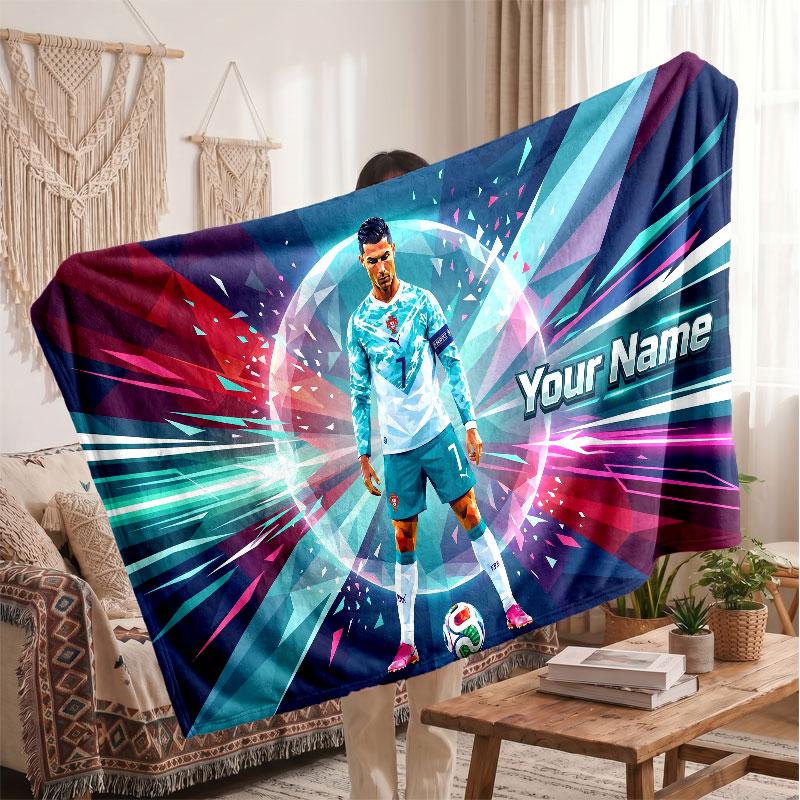 Couverture polaire personnalisée Cristiano Ronaldo avec logo de football, texte de nom personnalisé, couverture d'appoint douce et chaude pour la maison