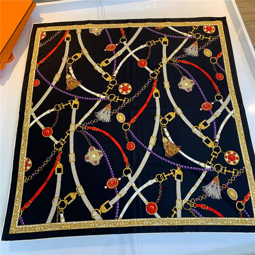 90Cm Square Scarf Women Luxury Belt Chain Design Foulards Twill Silk Scarves Wraps Hand Rolled Bandana Curled Head Scarves Hijab