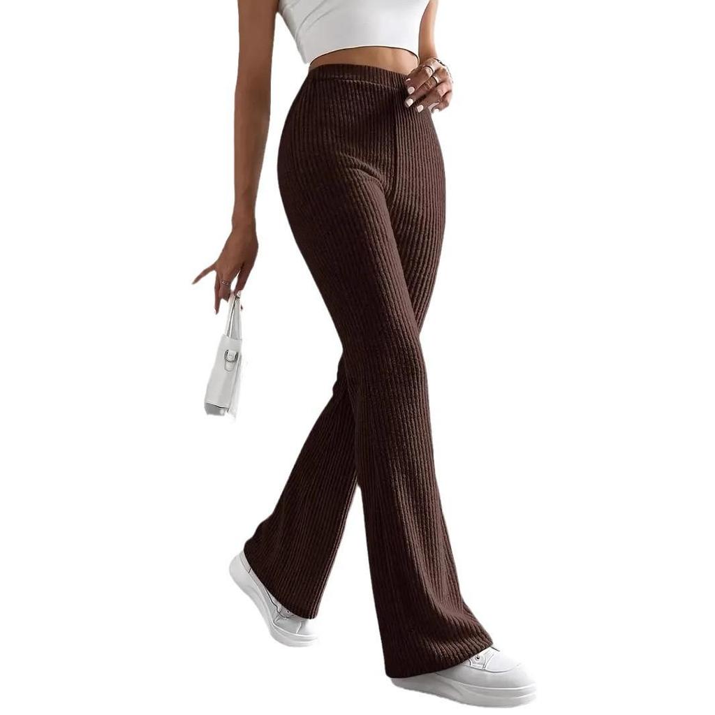 2025 Women's Autumn Knitted Ribbed Flared Pants - Solid Color Casual Micro-flare