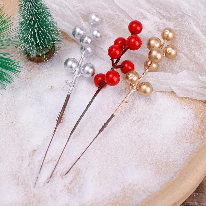 10pcs Artificial Holly Berry Christmas Decor Wire Bundle Garland Wreath Christmas New Year Fake Red Berries for Wreath DIY Home Decor