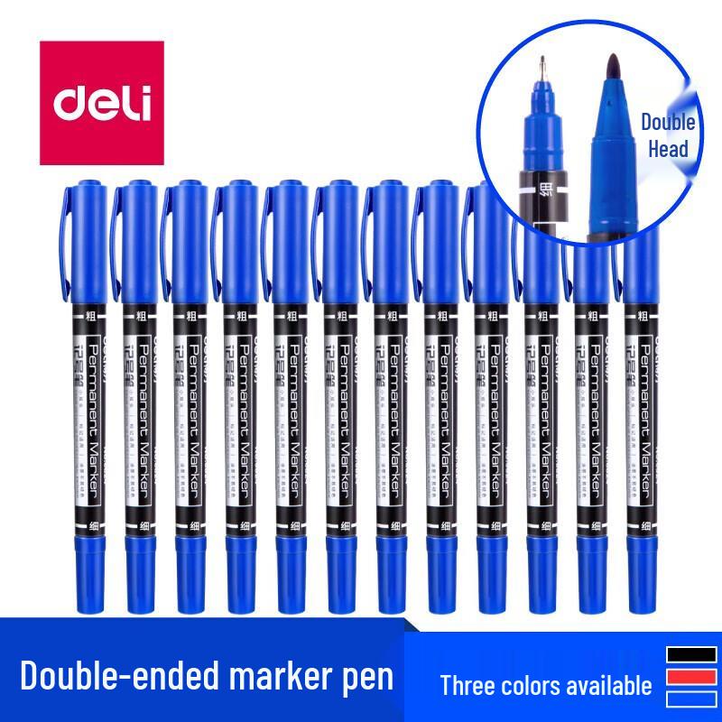 Deli Dual-Tip Oil-Based Marker Pens, Blue (12-Pack)