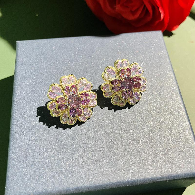 Fashion 925 Silver Needle Earrings for Women Temperament Gradient Cubic Zirconia Colorful Daisy Flowers Sweet Earring Jewelry