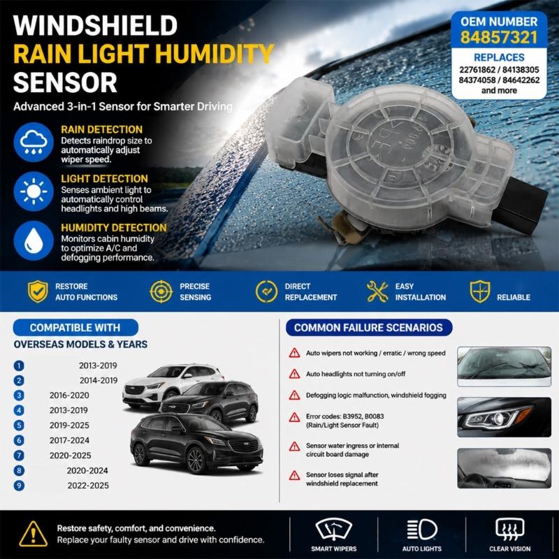 84857321 84374058 Windshield Sensor with Rain, Exterior Light, and Cabin Humidity Inputs for Specified Vehicle and Model-Year Applications