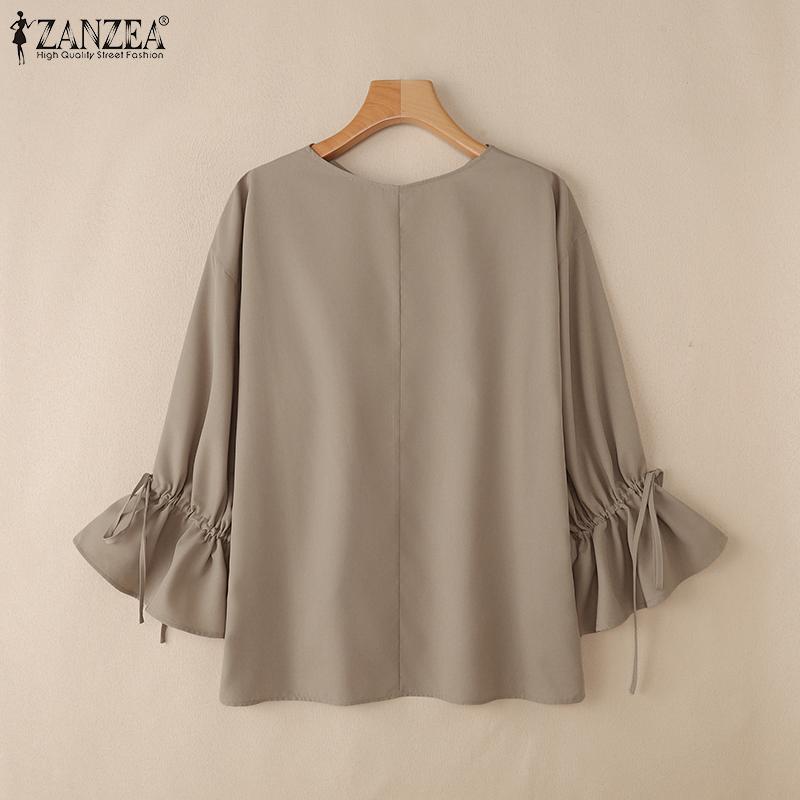 ZANZEA Women Casual V-neck Solid Color 3/4 Loose Blouse