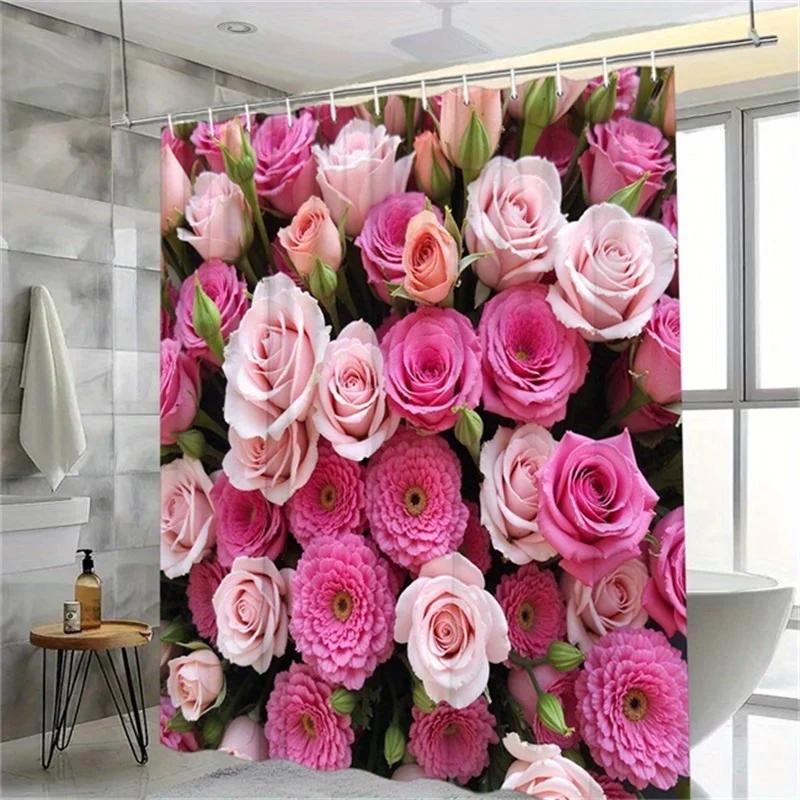 ~O~1pc Pink Rose & Carnation Shower Curtain - Green Leaves, Polyester,  12 Hooks, Detailed Floral Design, Elegant Bathroom Decor
