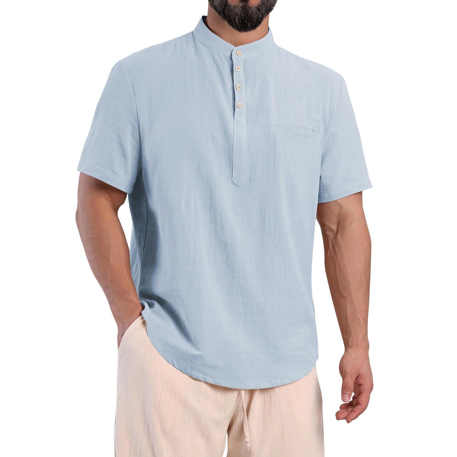 

Men s Solid Color Stand Collar Pocket Cotton Linen Short Sleeve Button Shirt XL