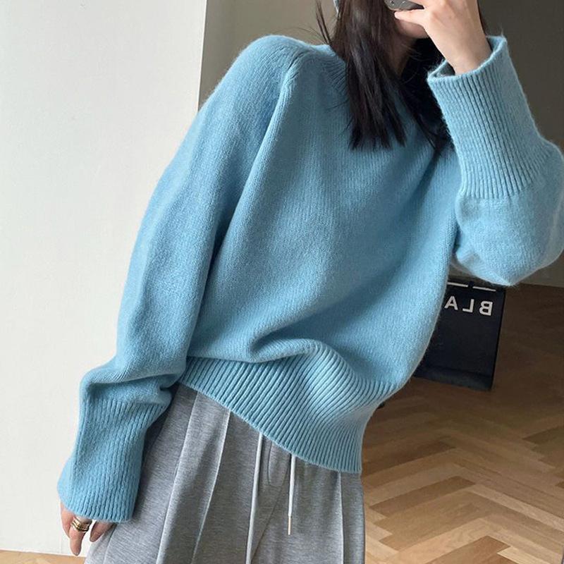 Autumn Winter Round Neck Simple Fashion All-match Knitting Top Women Casual All-match Solid Pullover Sweater