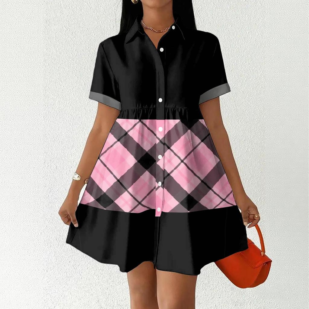 Women’s Casual Loose Fit Shirt Dress with Button Front Stand Collar Short Sleeve Patchwork Print Lightweight Design