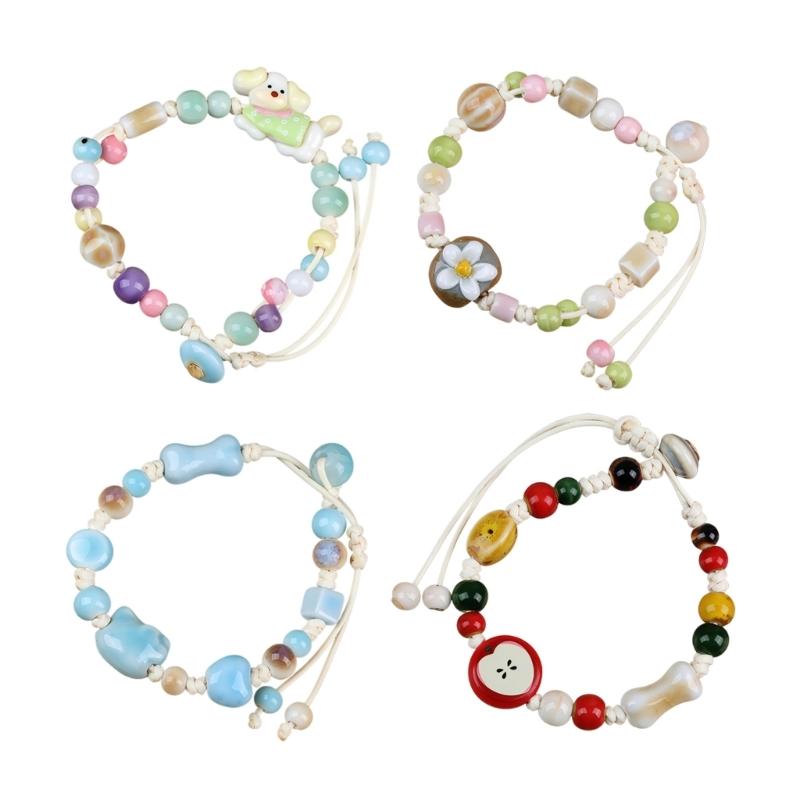 Handmade Tribal Pattern Ceramic Bead Bracelet Elastic String Adjustable Wristband Travel Ethnic Wrist Accessory