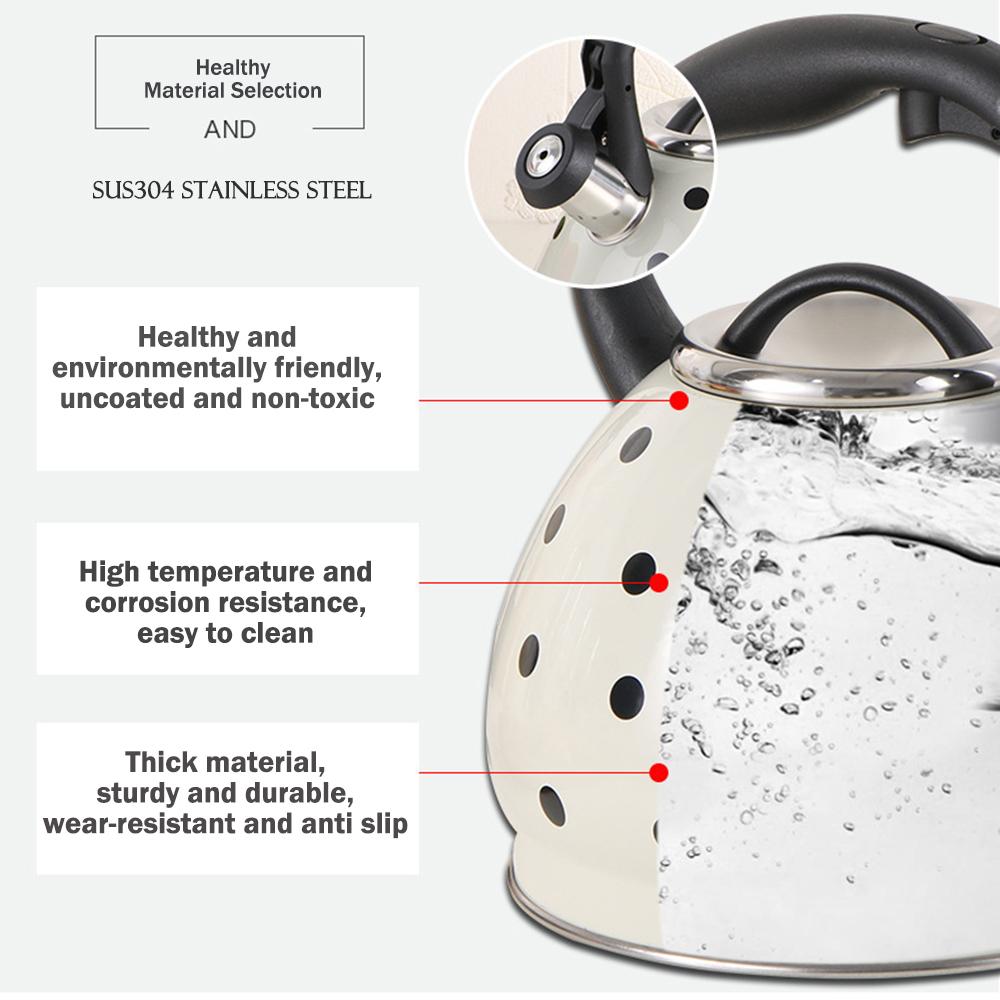 High-capacity stainless steel whistle kettle, Gas induction cooker boiling water kettle, Home fashion polka dot teapot, 3.0L