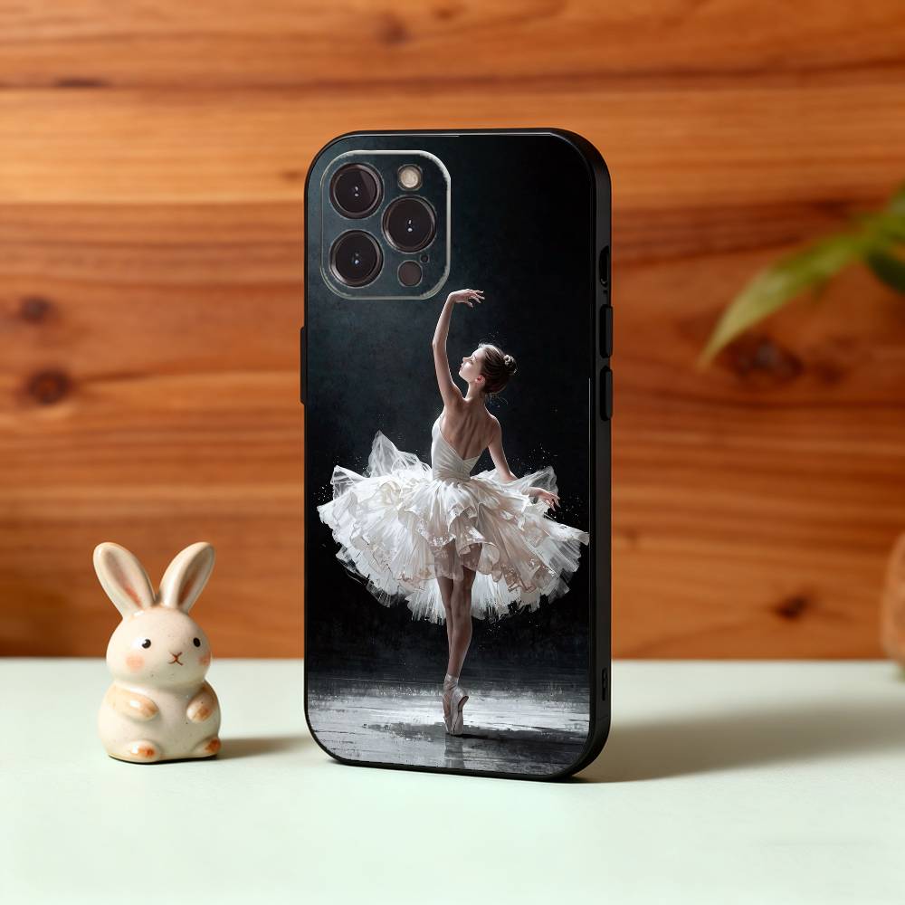 Monochrome Swan-Ballet Girl Phone Case For iPhone17,16,15,14,13,12Plus,Pro Max,XS,5G Soft Silicone Black Cover