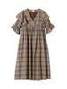 Machine Washable Cotton Check Waist Gathered Dress 724520113 Brown ONE SIZE [Ships Any]