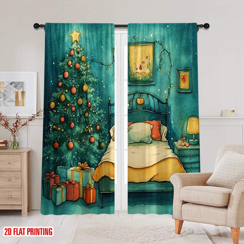 2pcs,2D plane printing Print Curtains Christmas Bedroom Cozy Holiday Scene (3) Versatile 100% Polyester (without rod) Festive