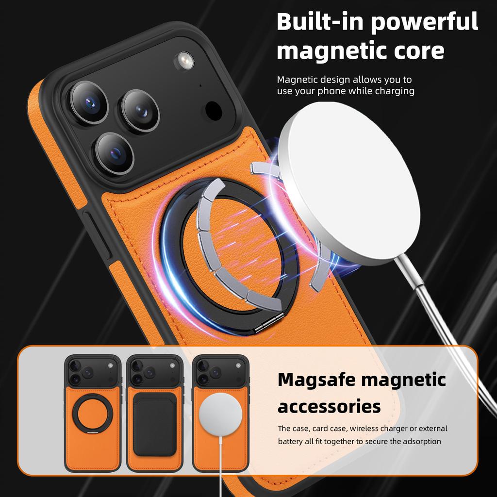 Leather 360 Ring Magnetic Holder Phone Case For iPhone 17Air 16 Plus 14 15 13 12 11 17Pro Max For Magsafe Wireless Charging Phone Cover