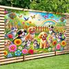 Cute Dog Family Garden Tapestry Wall Mural Art for Kids Nursery Kids Room Decor Whimsical Rainbow Puppy Print