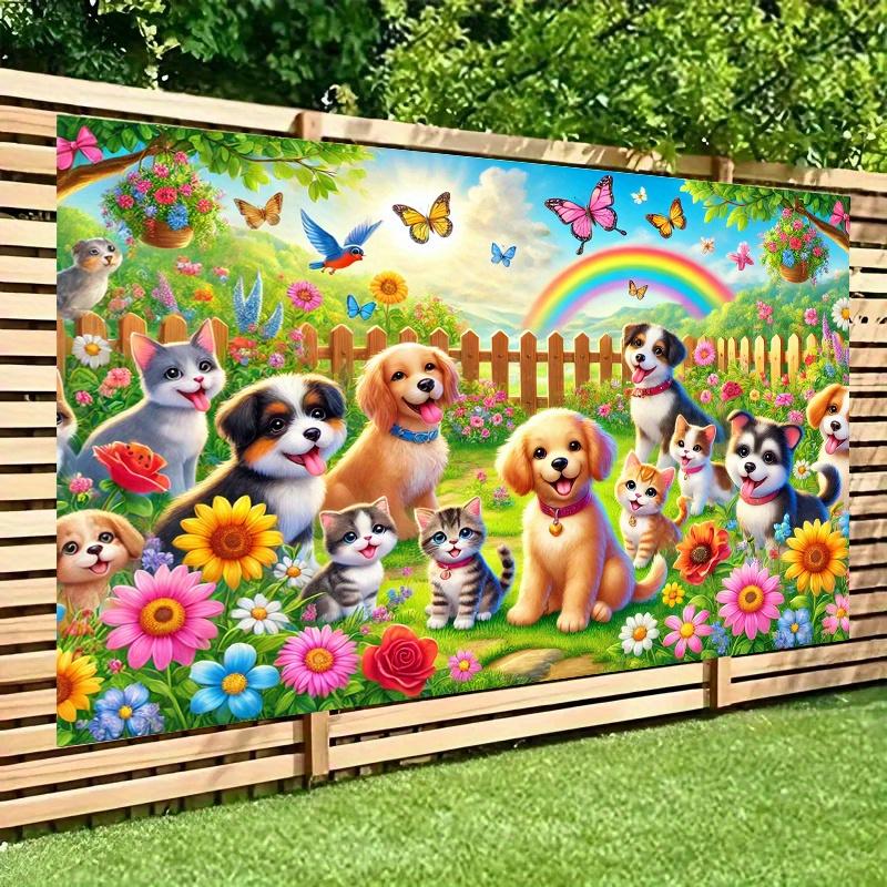 Cute Dog Family Garden Tapestry Wall Mural Art for Kids Nursery Kids Room Decor Whimsical Rainbow Puppy Print