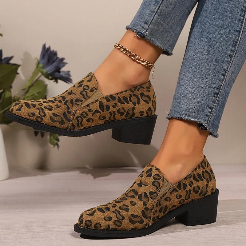 Fashion Leopard Print Loafers Woman 2025 Lightweight Slip On Walking Shoes for Women Plus Size Comfort Thick Heels Chelsea Shoes