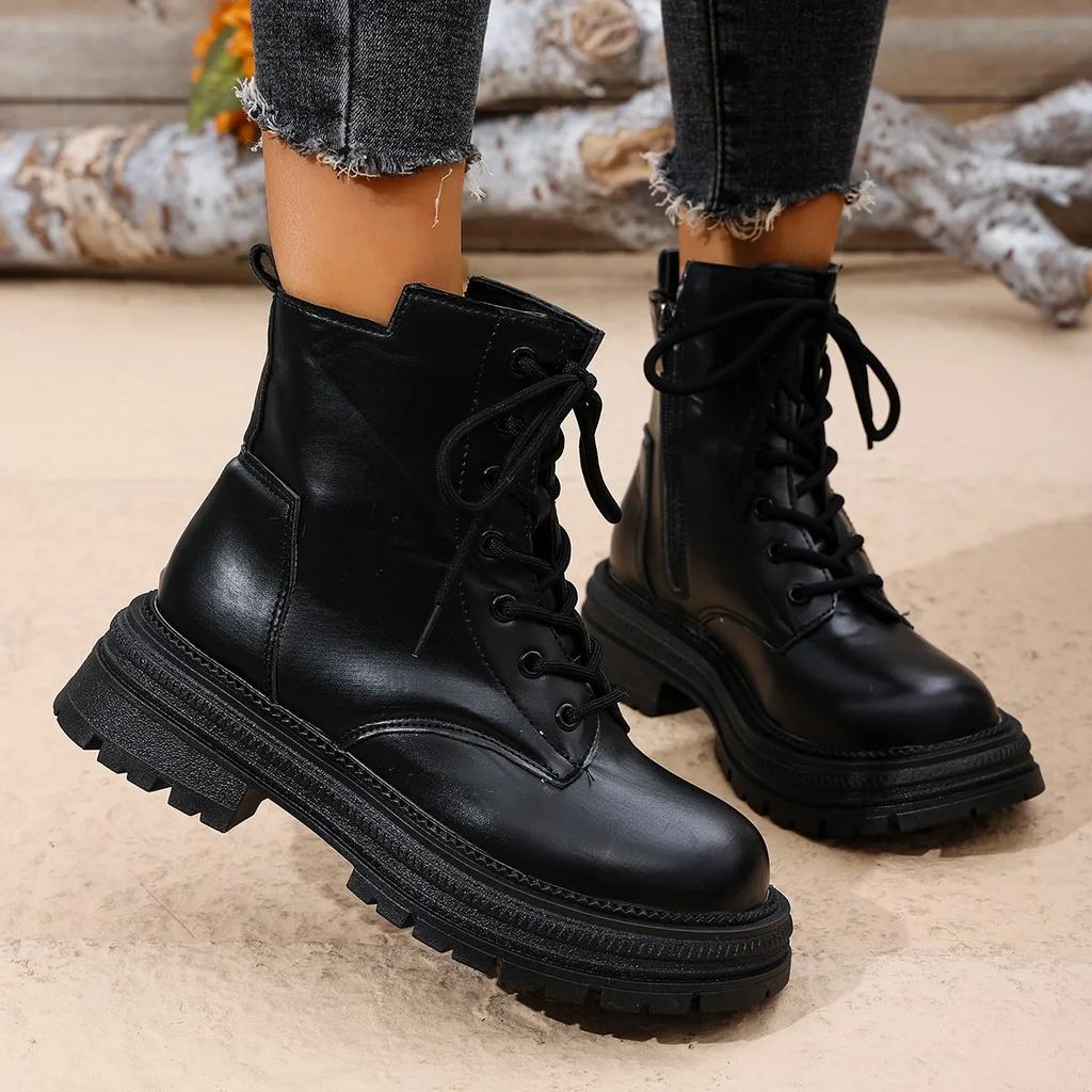 Fashion New Lace-up Elegant Work Boots Winter Round Toe Comfortable Sexy Thick-soled Non-slip Casual Riding Boots for Women