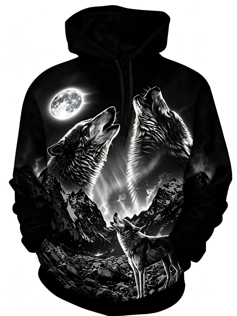 American Men's Autumn Moon Wolf Roar Print Comfortable Soft Hooded Sweatshirt Long Sleeved T-shirt Outdoor City Street Style Top