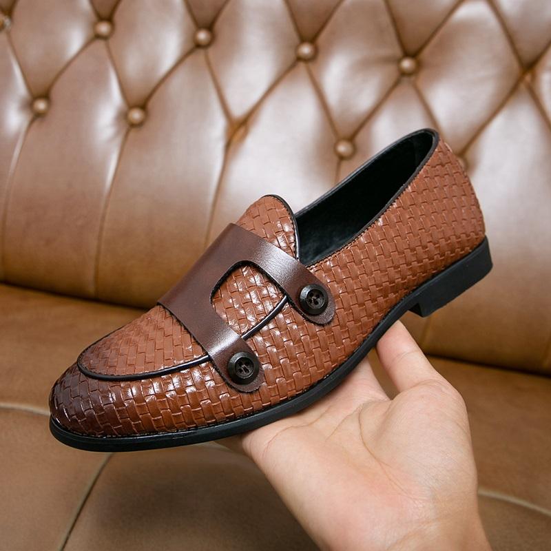 Retro New Men Knit Pattern Patent Leather Casual Monk Strap Shoes Luxury Designer Male Formal Wedding Dress Homecoming Footwear