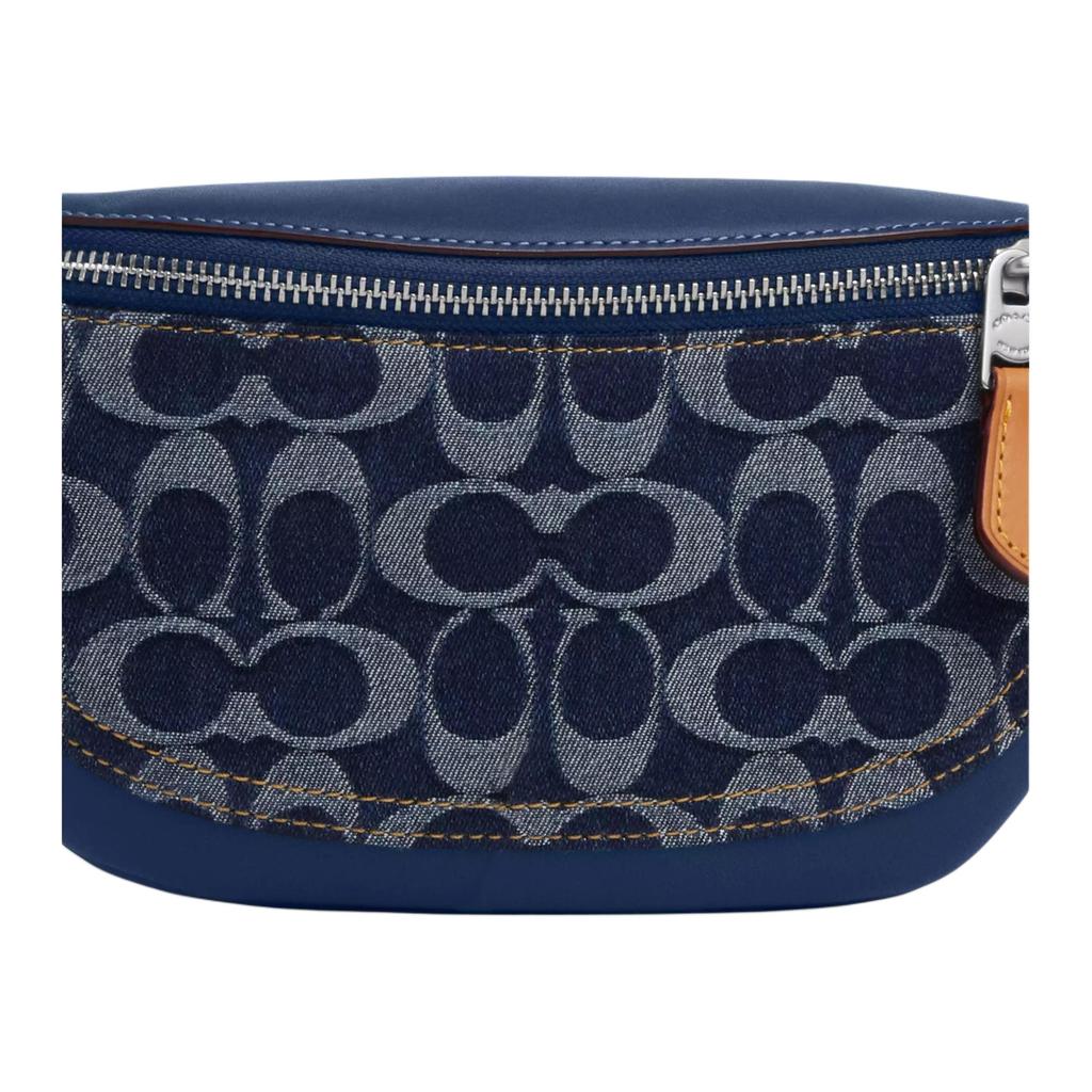 Coach Navy Denim Signature Canvas Belt Bag Fanny Pack With Leather Trim & Silver Hardware For Daily Use & Travel