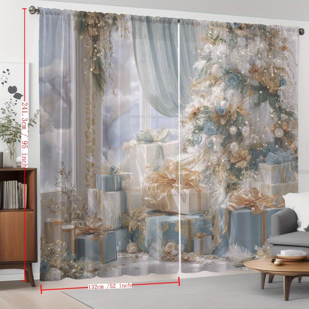 2 Pcs Christmas Blue & Gold Gift Tree Curtains – Festive Holiday Print for Kitchen Cafe Dining Room Balcony Garden Bedroom Decor