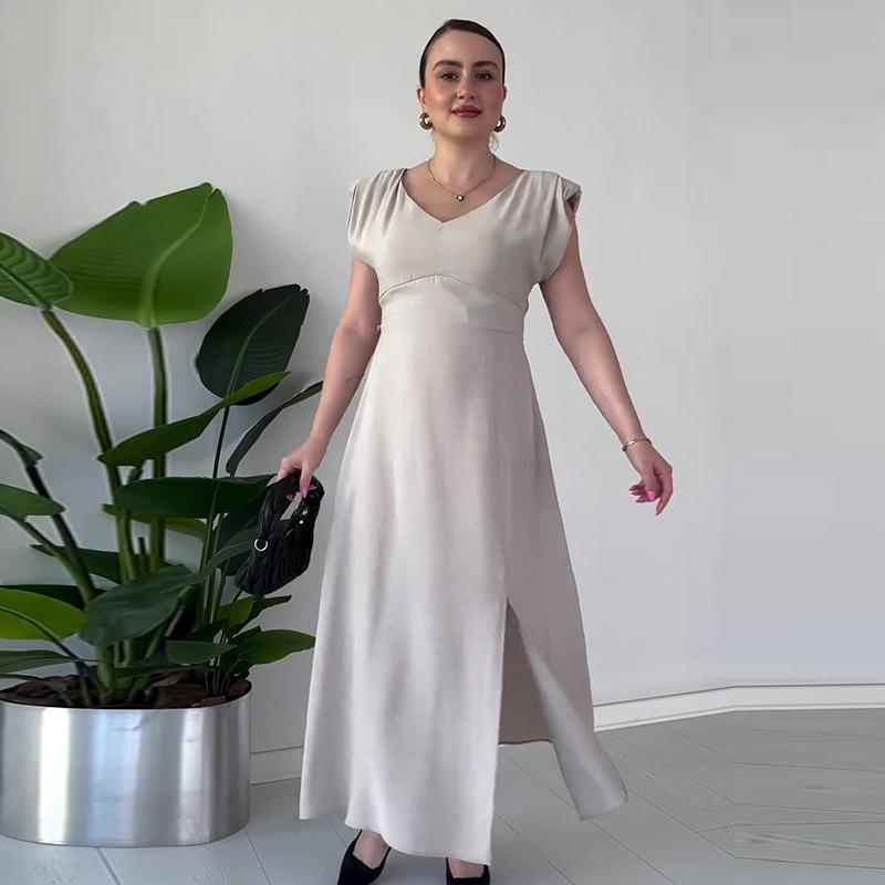 

2024 Summer Women s Solid Color Slit Long Dress - Lightly Mature Style with Waist-Gathering Design Double XL светло-серый