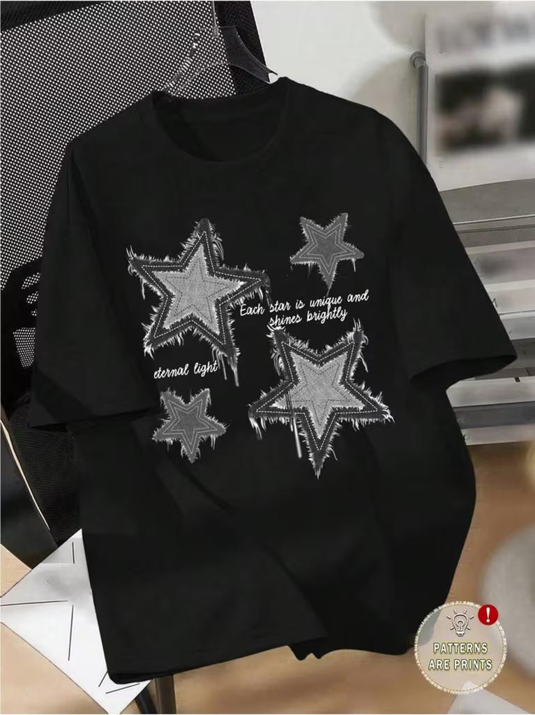 Damen-T-Shirt, distressed Denim Sternenprint Grafik-T-Shirt, lässiges Rundhals-Kurzarm-T-Shirt, Oberteil für ganzjährige tägliche Kleidung