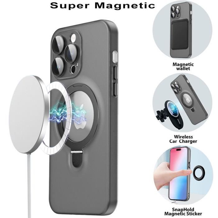 Coque pour iPhone 15, Antichoc Anti-Rayures Rigide avec Support Magnétique Rotatif et Protection Caméra - Translucide Noir