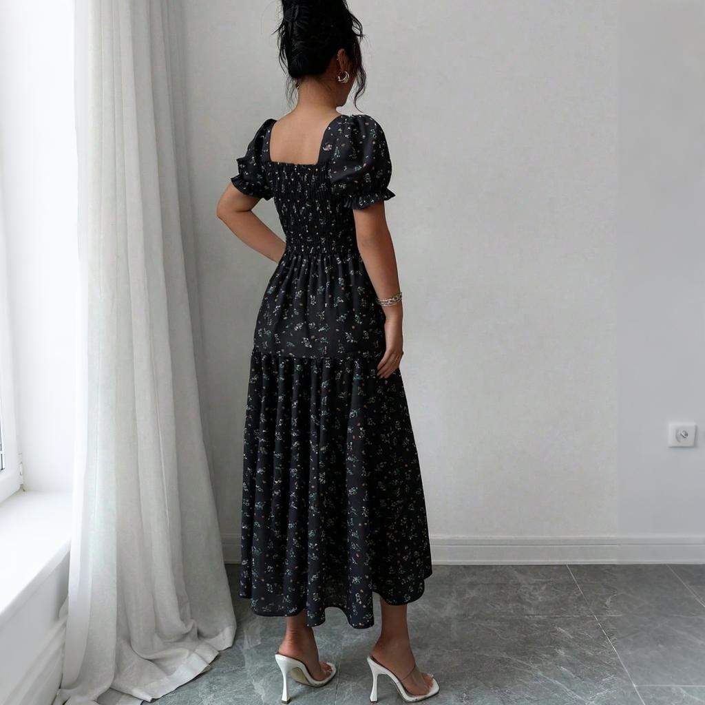 Women's Floral Print Square Neck Long Dress Summer Waist Cinched Puff Sleeve Midi Dress Casual Lightweight Flowing Dress for Daily Wear