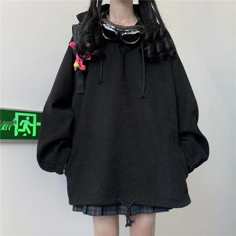 

Women s Fleece-Lined Hooded Jacket: Loose Fit, Versatile Long-Sleeve Sweatshirt for 2024 Autumn/Winter, Japanese Student Style, Warm Top Large