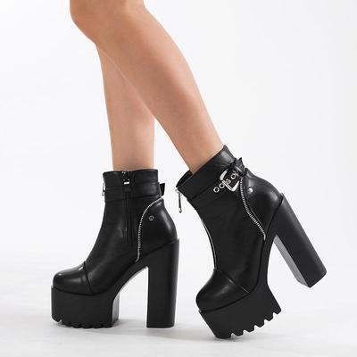 Women's Block Heeled Short Boots Fashion Front Zipper Platform Boots Stylish Buckle Strap Design Goth Boots High Heels