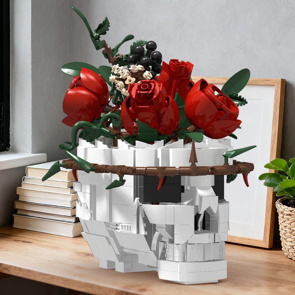 MOC Skull Roses Bouquet BricksSkeleton Flowers Plant Pot Blocks Horror Gothic Home Decor Bricks Toys for Adult DIY Gift