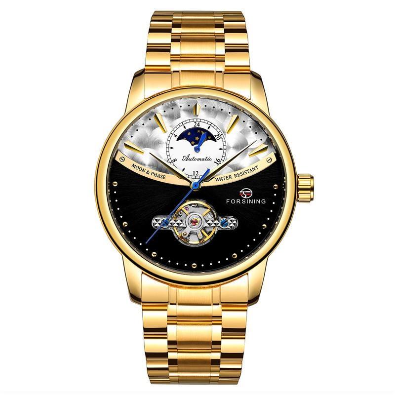 FORSINING Men's Moon Phase Tourbillon Watch Luxury Self-wind Mechanical Automatic Waterproof Retro Watches Stainless Steel Band Wristwatch