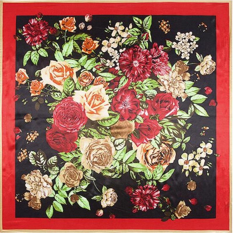 

90*90cm Silk Scarf Women Fashion Designer Beautiful flowers Foulard Soft Satin Shawl Scarfs Kerchief Square Neck Headscarf 90x90cm