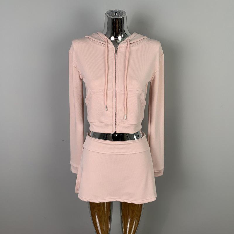Korean Slim Sexy Cropped Hooded Cardigan & Low-Rise Skirt Set for Women