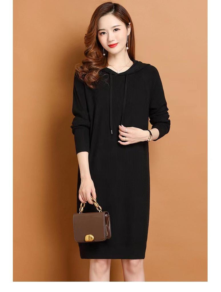 Early Autumn Hooded Knitted Dress Spring Autumn Medium and Long Autumn Slim Women's Dress 1 Color Sweater Dress