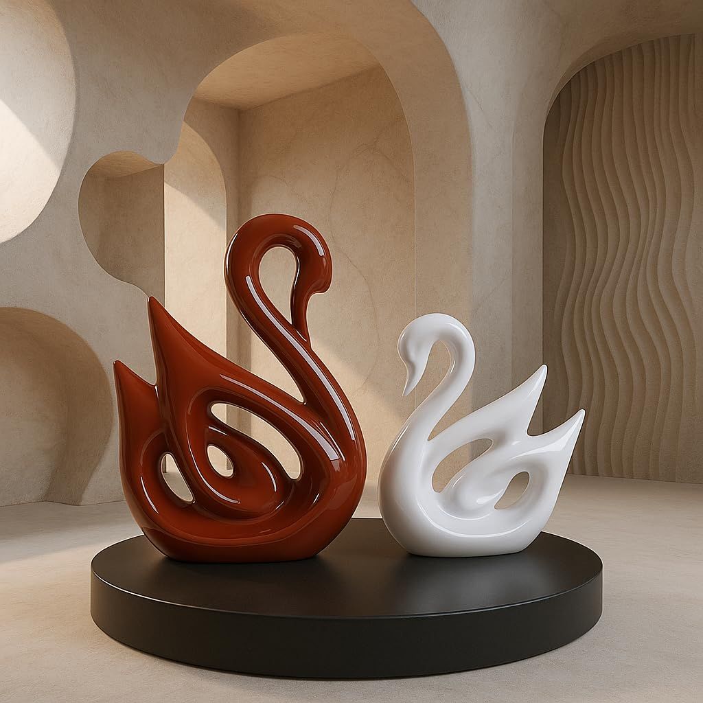 Lucky Swan Couple Piano Finish Ceramic Figures for Home Decor (Set of 2 Pc, Large, Brown & White)