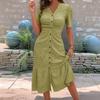 Women's Button Down Ruched Long Dress Casual Short Sleeve V-Neck Maxi Dress Summer Beach A-Line Swing Sundress