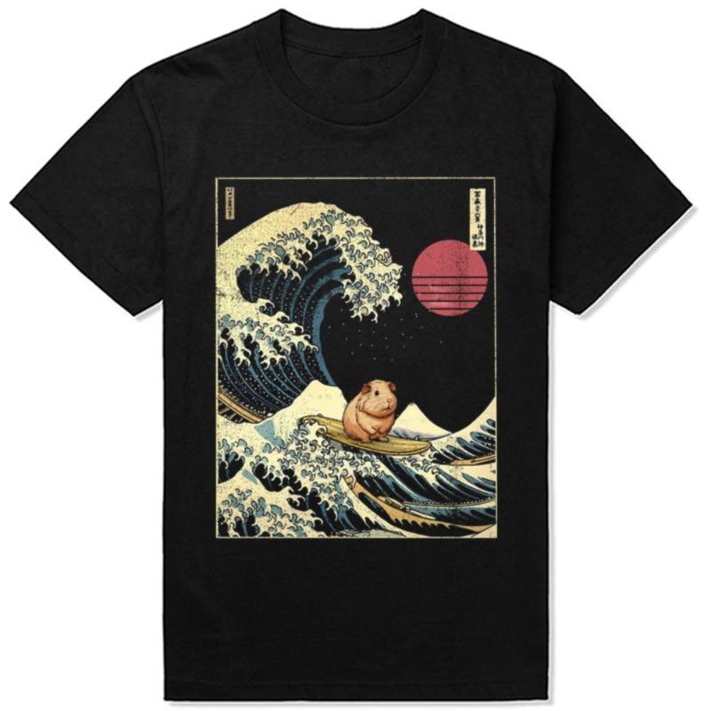 Japanese Funny Guinea Pig Kanagawa Surfing Wave T Shirts Cotton Humor Streetwear Tee Shirt Short Sleeve Unisex Loose Clothing S