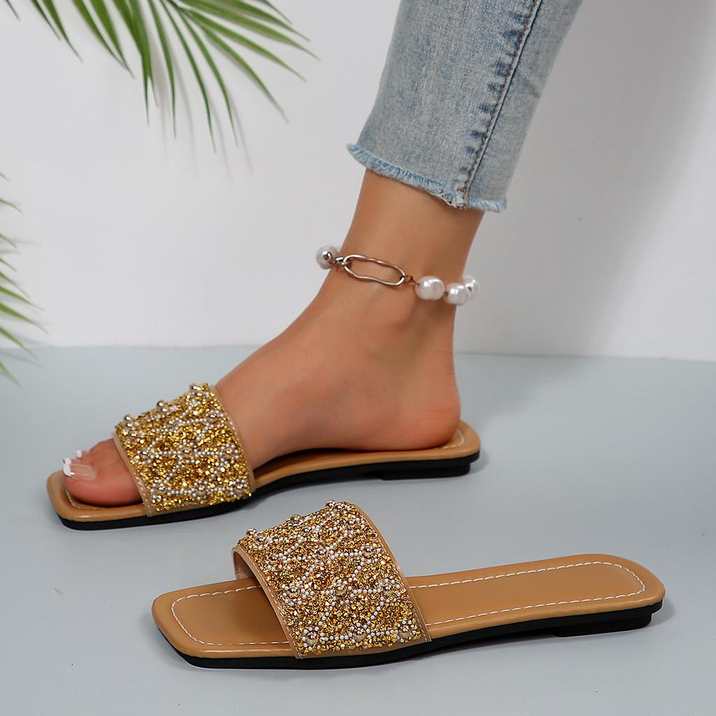 [Foreign Trade] 2025 Summer Versatile Sandals Flat-bottomed French Premium Rhinestone One-Word Slippers