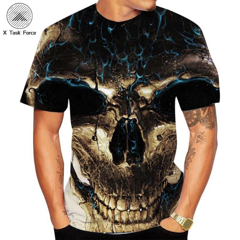 Sommer Rundhals 3D Flammen Totenkopf Print Top Modische Lässige Kurzarm Herren T-Shirts