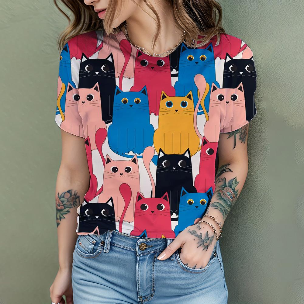 Women's T Shirt Comic Cat 3D Print Harajuku Summer Short Sleeve Top O Neck Casual Women's Oversized T Shirt Coolred Short Sleeve