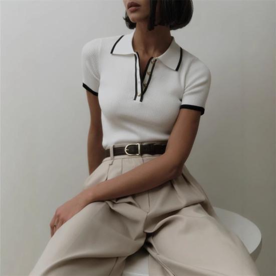 Women Short Tops Patchwork Color Short-Sleeve Lapel Tops with Buttoned Neckline Regular