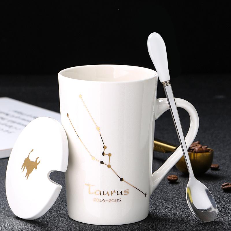 

Креативная керамическая кружка - Созвездия зодиака с крышкой и ложкой, идеальный подарок для пар 301-400ml